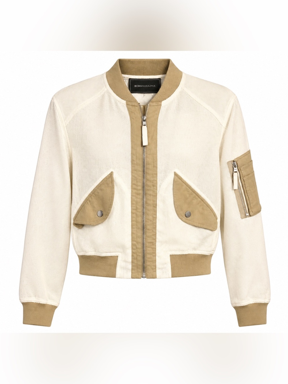 BCBGMAXAZRIA Ivory and Tan Bomber Jacket
